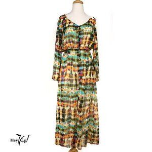 Sheer Summery Flowy Maxi Dress w Colorful Watercolor Pattern Size XL - Hey Viv